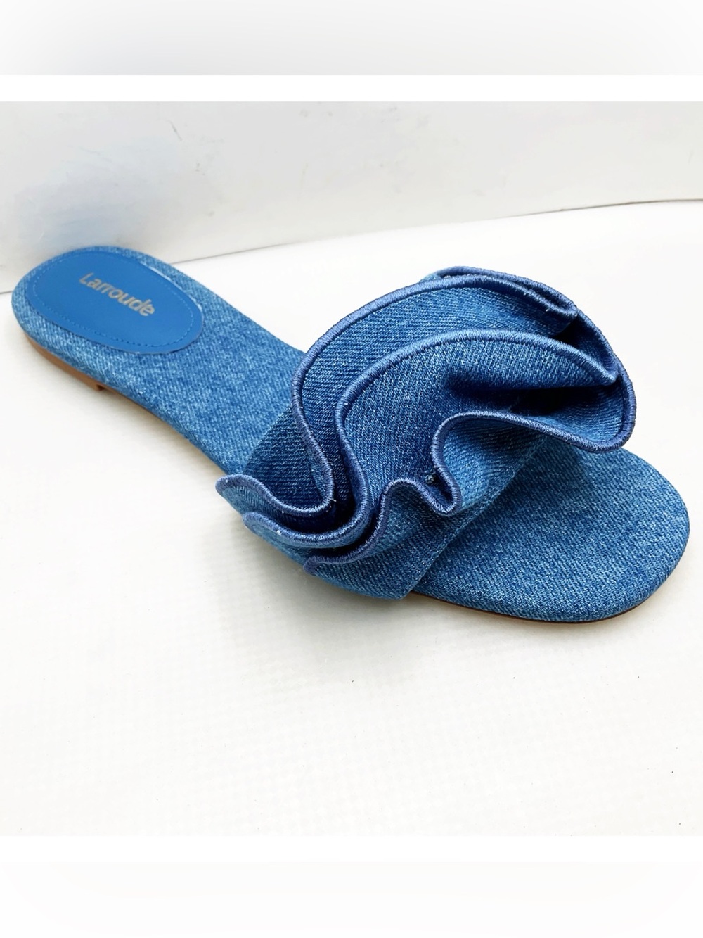 🆕{Larroude} Ivy Denim Ruffle Slide Sandals - Picture 3 of 15